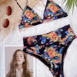 Chinese Dragon Print High Waisted Bikini Swimsuit